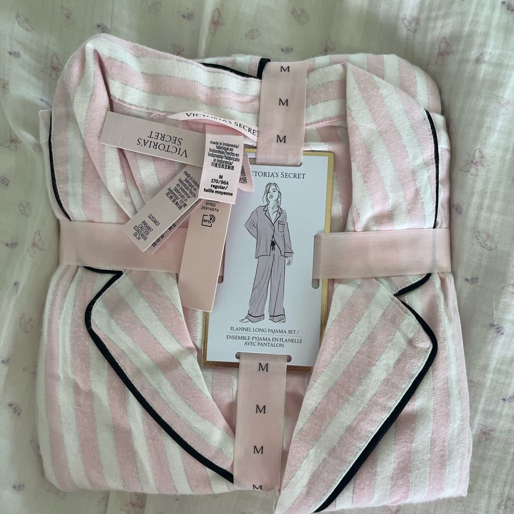 victoria’s secret flannel long Pink and White Striped Pajama Set